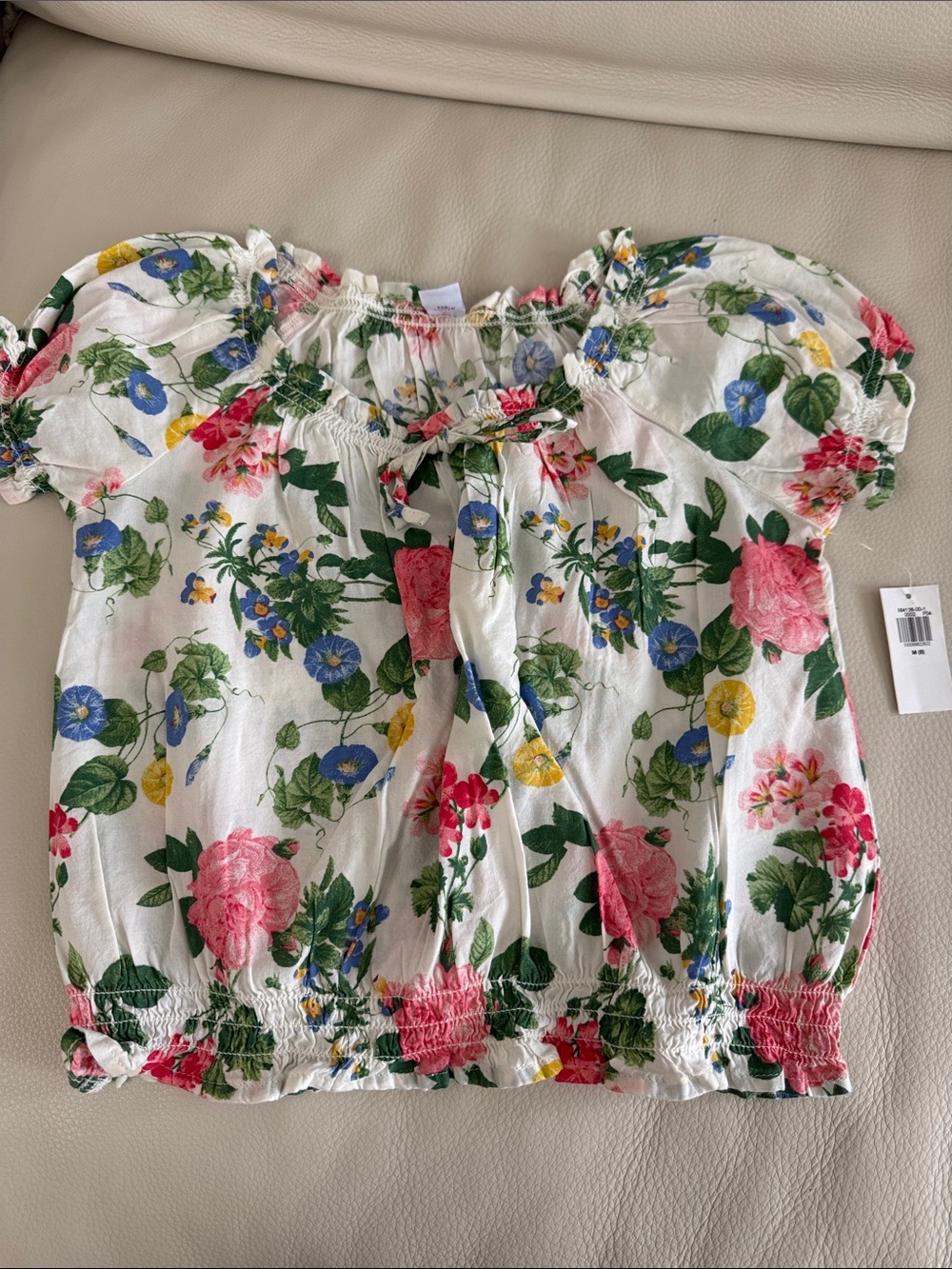 Old navy Floral Smocked Blouse Top Shirt White with Pink, Yellow & Blue Flowers